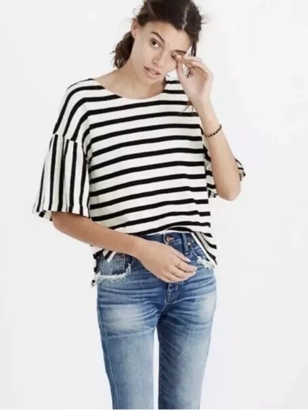 Madewell Black & Cream Striped Short-Sleeve 100% Cotton Knit Top Sz S Preppy